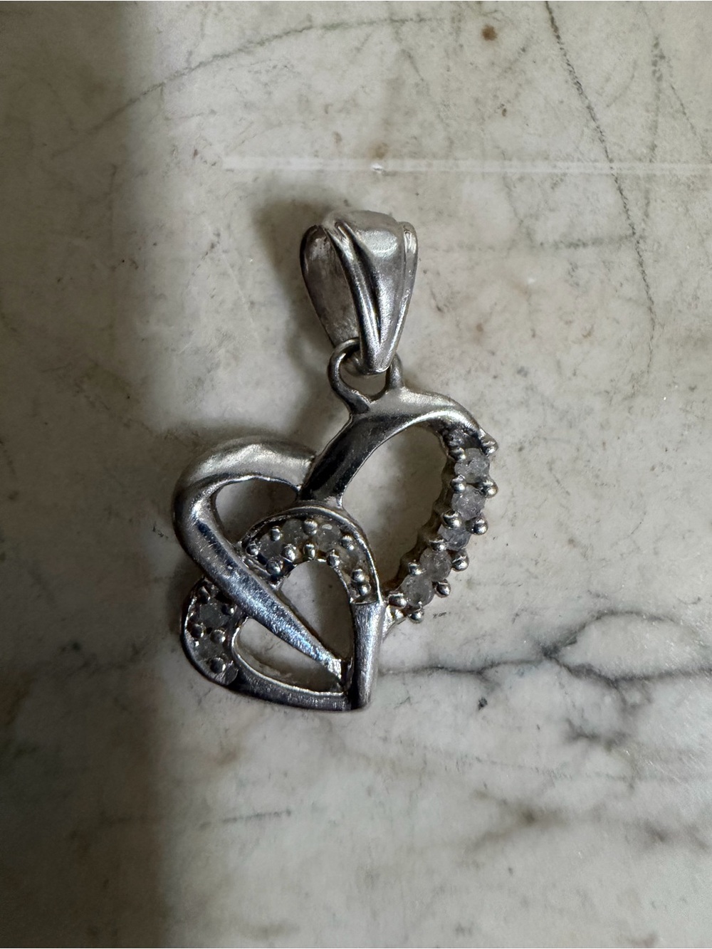 10k white gold double heart pendant/ charm with diamond accents